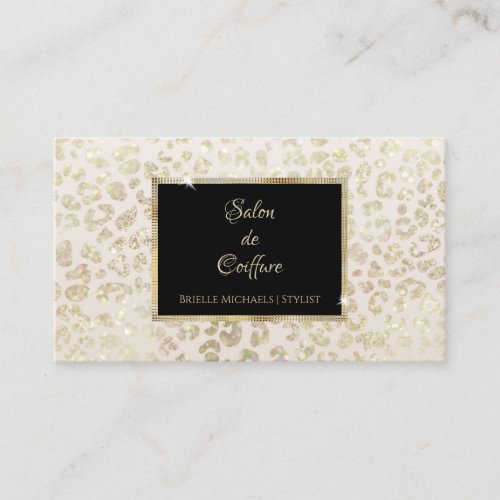 Trendy White Gold Glitter Leopard Print Hair Salon Business Card