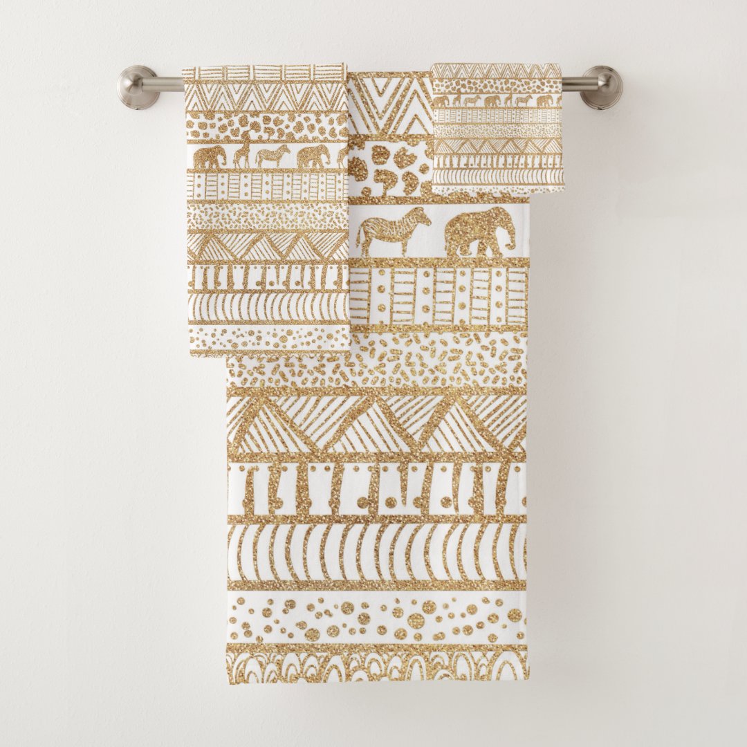 Trendy White & Gold Tribal African Pattern Bath Towel Set | Zazzle