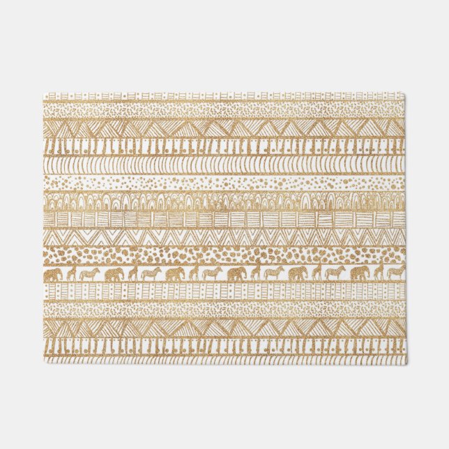 Trendy White Gold Tribal African Pattern Doormat (Front)