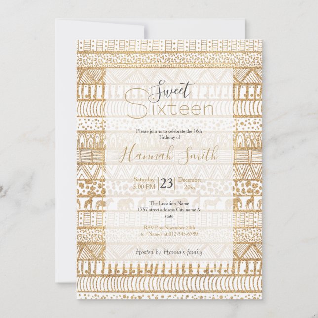 Trendy White Gold Tribal African Pattern Invitation (Front)