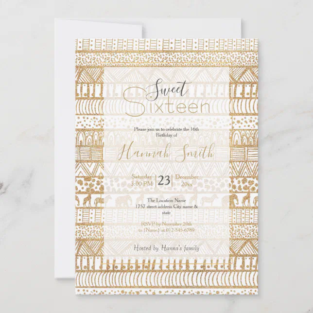 Trendy White Gold Tribal African Pattern Invitation | Zazzle