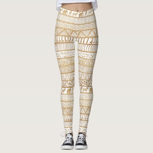 Trendy White Gold Tribal African Pattern Leggings