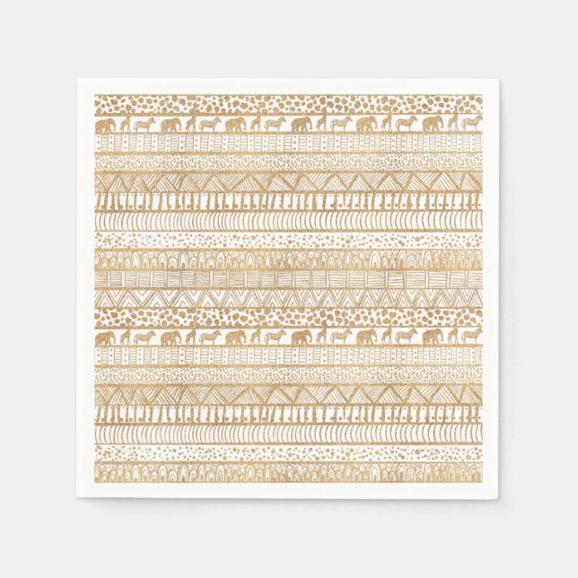 Trendy White Gold Tribal African Pattern Napkins (Front)