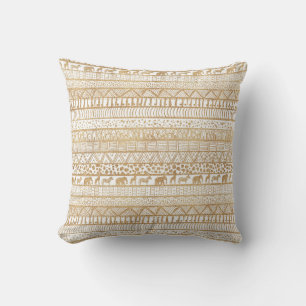 Trendy White Gold Tribal African Pattern Throw Pillow