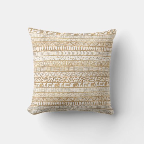Trendy White Gold Tribal African Pattern Throw Pillow
