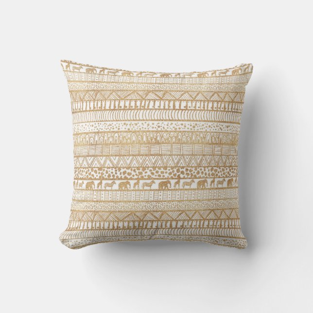Trendy White Gold Tribal African Pattern Throw Pillow (Front)