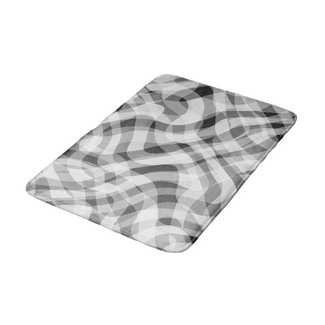 Trendy White Gray Black Retro Wavy Stripes Pattern Bathroom Mat (Angled)