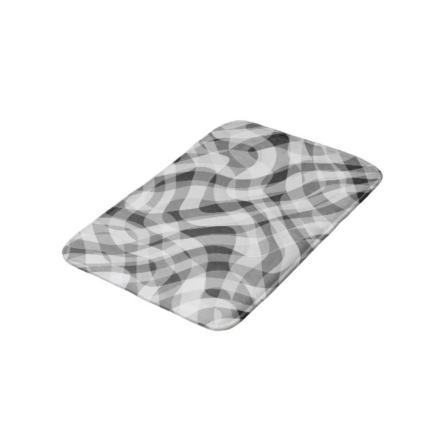 Trendy White Gray Black Retro Wavy Stripes Pattern Bathroom Mat (Angled)