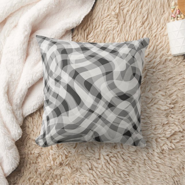 Trendy White Gray Black Retro Wavy Stripes Pattern Throw Pillow (Blanket)