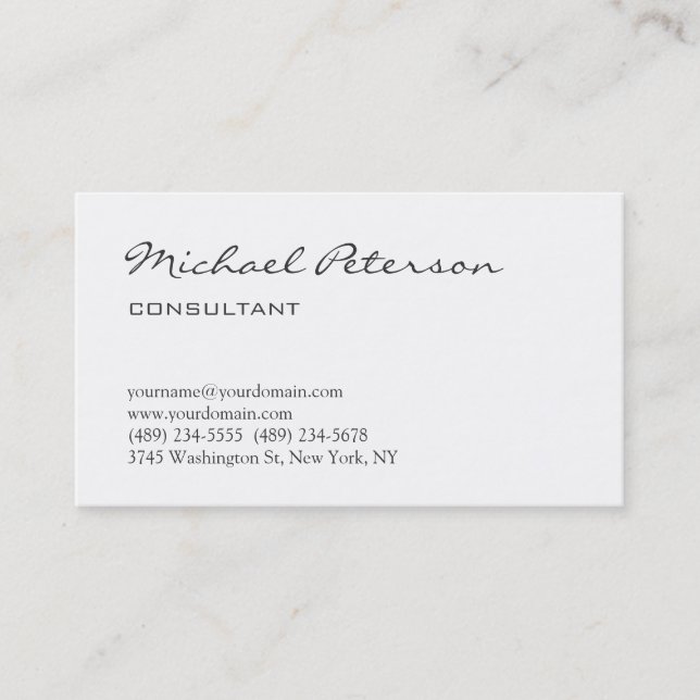 Trendy White Gray Script Consultant Business Card (Front)