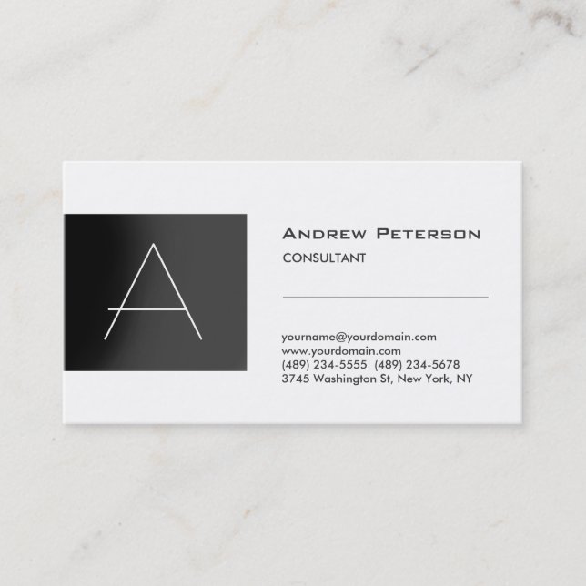 Trendy White Gray Stripe Monogram Business Card (Front)
