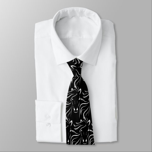 Trendy white horse silhouette pattern on black neck tie