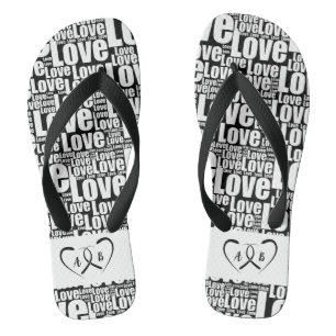 Trendy white love typography & Two Hearts Flip Flops