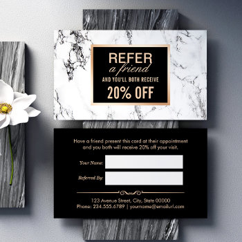 Trendy White Marble Beauty Salon Referral Card by CardHunter at Zazzle
