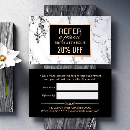 Trendy White Marble Beauty Salon Referral Card