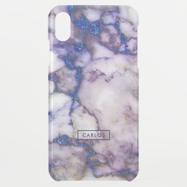 Trendy White Marble & Blue Glitter Accent Uncommon iPhone Case (Back)