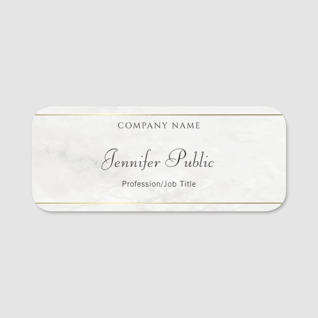 Trendy White Marble Gold Elegant Hand Name Script Tag (Front)