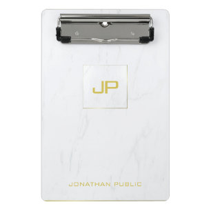 Trendy White Marble Gold Monogram Modern Elegant Mini Clipboard