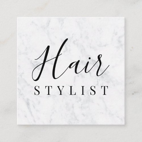 Trendy white marble hair stylist script signature square business card