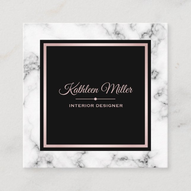 Trendy White Marble Rose Gold Modern Square Business Card (Front)