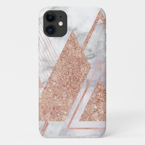 trendy white marble Rose gold triangles geometric iPhone 11 Case