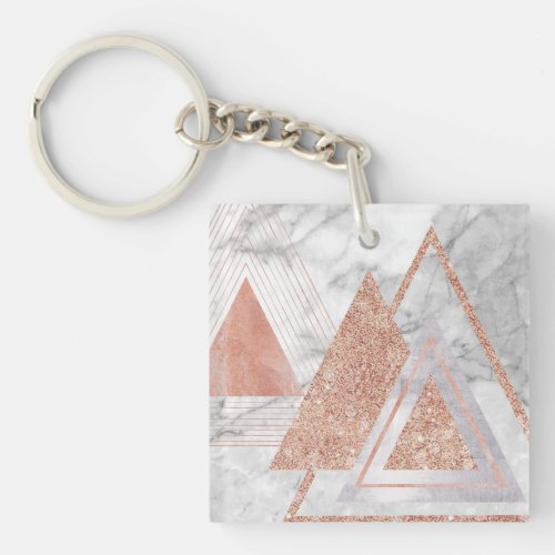 trendy white marble Rose gold triangles geometric Keychain