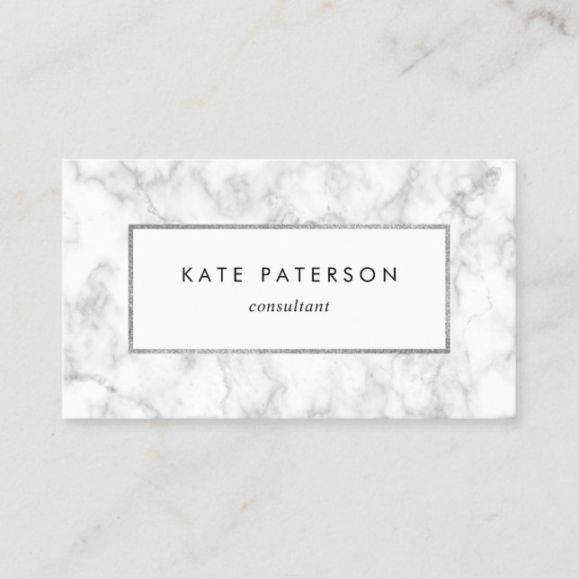 Trendy White Marble Silver Glitter Frame Business Card (Front)