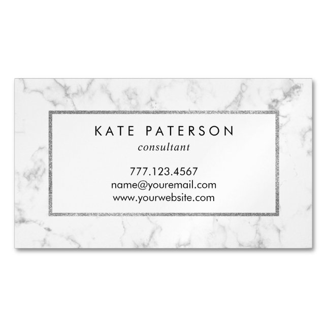 Trendy White Marble Silver Glitter Frame Business Card Magnet (Front)