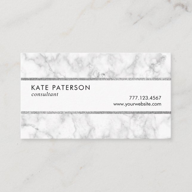 Trendy White Marble Silver Glitter Stripes Business Card (Front)