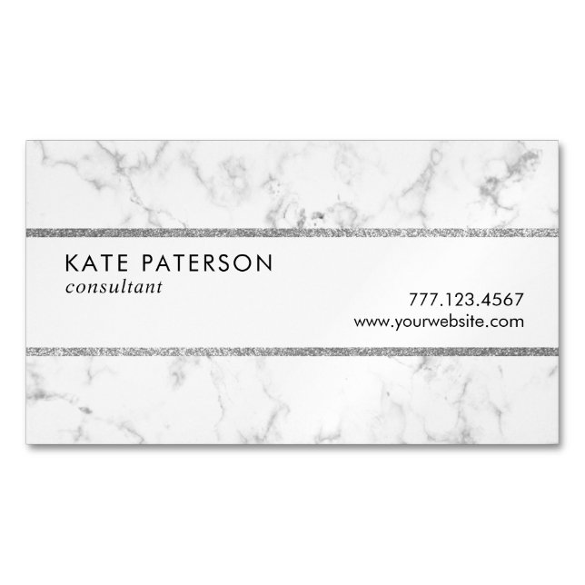 Trendy White Marble Silver Glitter Stripes Business Card Magnet (Front)