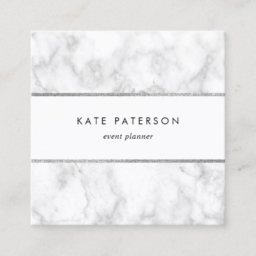Trendy White Marble Silver Glitter Stripes Square Business Card