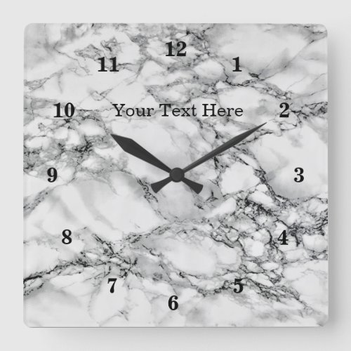 Trendy White Marble Stone _ Add Your Text  Name Square Wall Clock