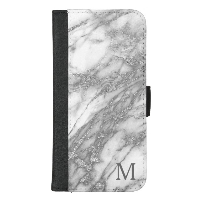 Trendy White Marble Stone And Silver Glitter iPhone Wallet Case (Front)