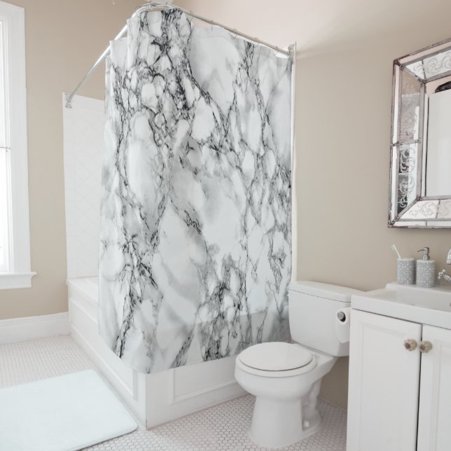 Trendy White Marble Stone - Luxury Shower Curtain (In Situ)