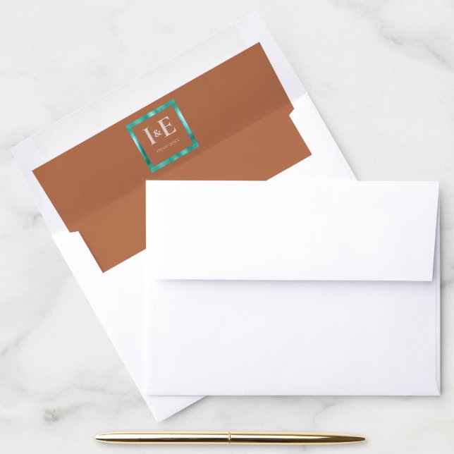 Trendy White Monograms Teal Foil Frame Copper  Envelope Liner (Desk)