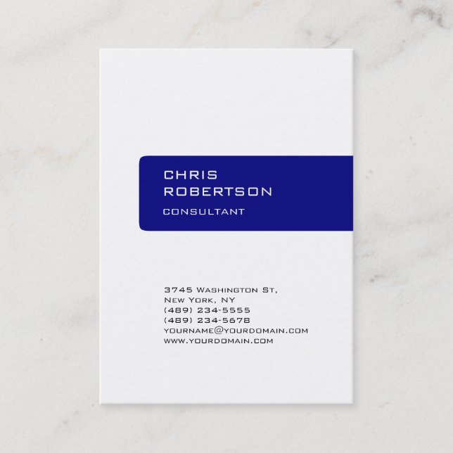 Trendy White Navy Blue Unique Business Card (Front)