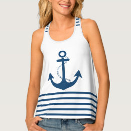 Trendy White Navy Stripe with Anchor Design Tank Top