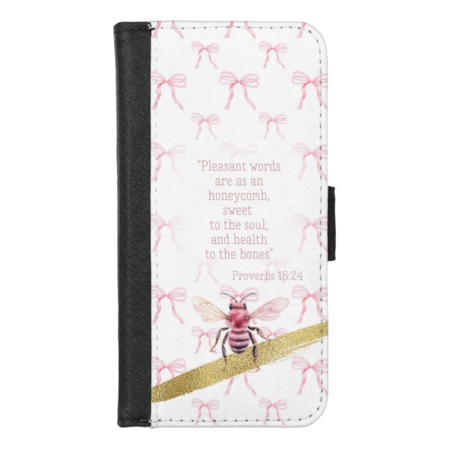 Trendy White Pink Bows Scripture Pink Bee iPhone Wallet Case (Front)