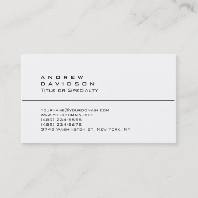 Trendy White Plain Stylish Business Card (Front)