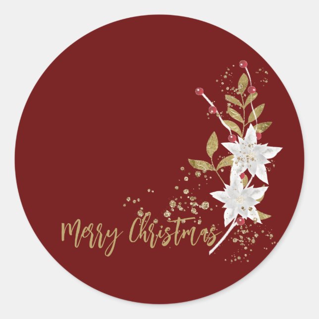 Trendy White Poinsettia Burgundy Gold Glitter Gift Classic Round Sticker (Front)