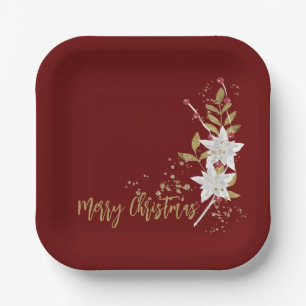Trendy White Poinsettia Burgundy Gold Glitter Paper Plates