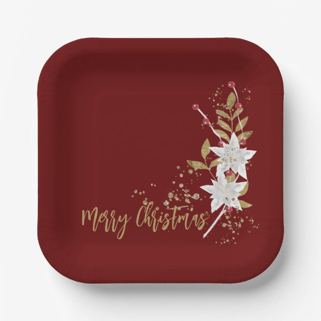 Trendy White Poinsettia Burgundy Gold Glitter Paper Plates (Front)