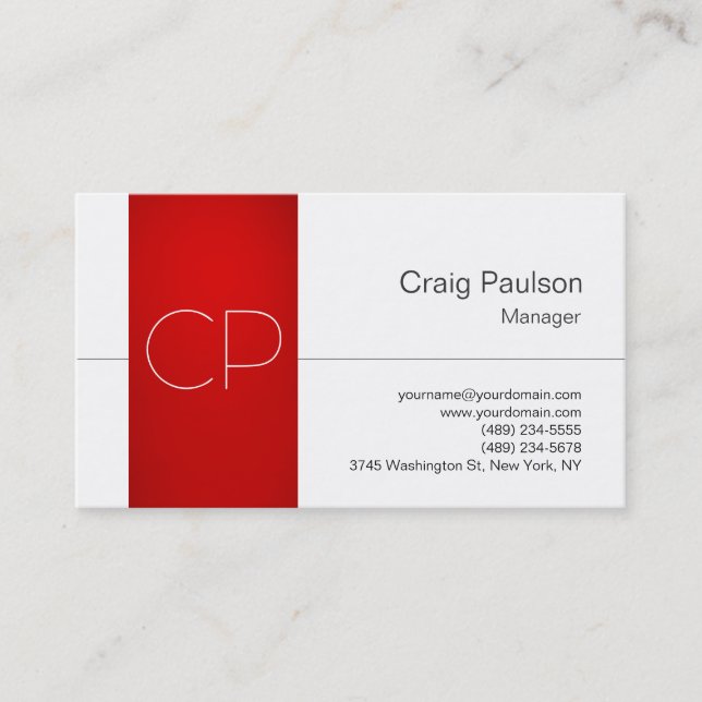 Trendy White Red Clear Monogram Business Card (Front)