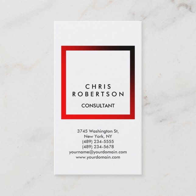 Trendy White Red Frame Consultant Business Card (Front)