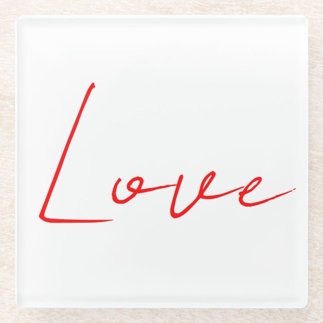 Trendy White Red Love Wedding Handwriting Name Glass Coaster (Front)