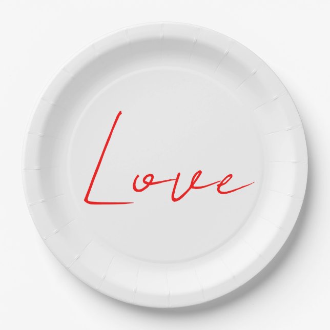 Trendy White Red Love Wedding Handwriting Name Paper Plates (Front)