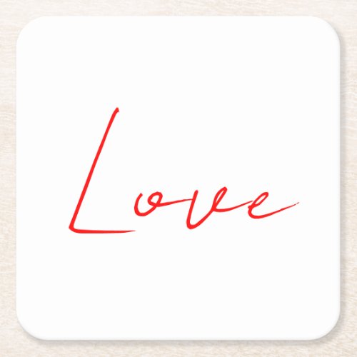 Trendy White Red Love Wedding Handwriting Name Square Paper Coaster