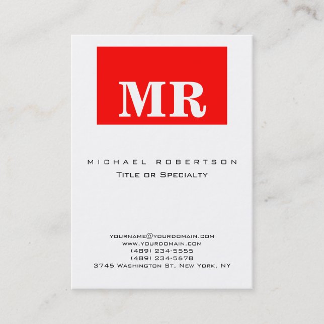 Trendy White Red Minimalist Monogram Business Card (Front)