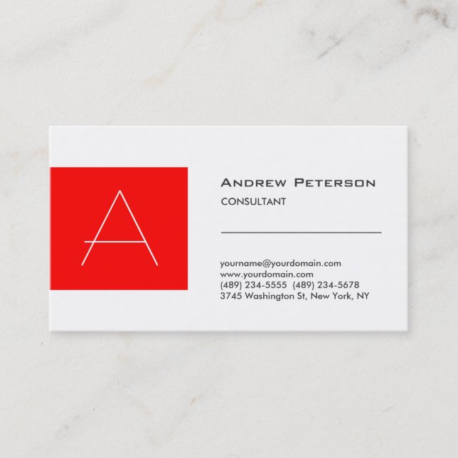 Trendy White Red Stripe Monogram Business Card (Front)