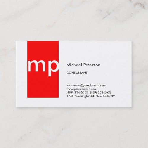 Trendy White Red Stripe Monogram Business Card